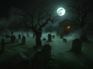 Midnight Haunts: A Fog-Covered Graveyard