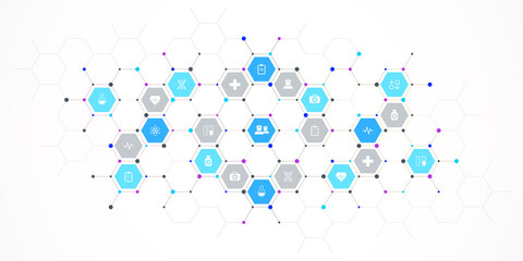 Medical background and healthcare technology with flat icons and symbols. Concept and idea for health care business, innovation medicine, health safety, science, medical research, and development.