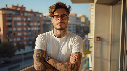 Confident stylish guy with tattoos posing on apartment balcony or terrace. Young man in glasses standing outside with arms crossed and looking at camera. Male portrait concept