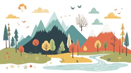 A minimalistic vector illustrations of nature elements, including trees, mountains, and rivers, flat design