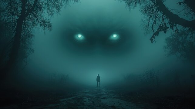 A lone figure standing at the entrance of a fogcovered forest, eerie glowing eyes watching from the darkness, fear of the unknown