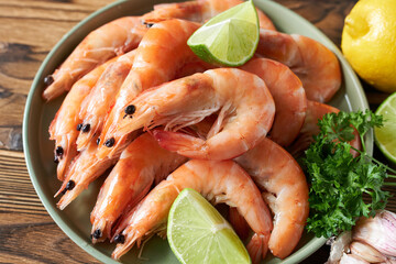 Plate with tasty shrimps on wooden table, closeup