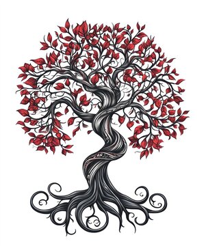 recommend clip art: A stylized illustration of a tree with red leaves and a twisting trunk.