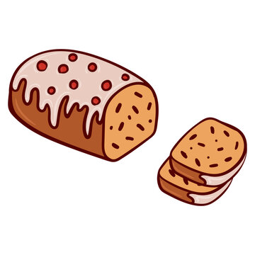 recommend clip art: Cake with icing and cranberries on top. Christmas, Stollen, Striezel, Thanksgiving, bake, bakery, berry, dried fruits, traditional course, sweet, dessert. Vector illustration