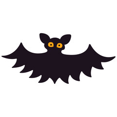 Bat. A black bat with wide wings and glowing yellow eyes, symbolizing Halloween, night creatures, and spooky themes.
