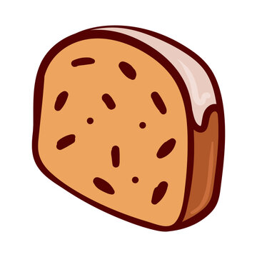 recommend clip art: A slice of cake with icing. Christmas, Stollen, Striezel, Thanksgiving, bake, glaze, bakery, berry, dried fruits, traditional course, sweet, dessert. Vector illustration