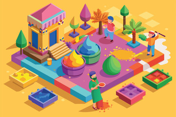 People joyfully celebrate the Holi festival by pouring colorful gulal, decorating trees, and enjoying playful interactions in a festive atmosphere.