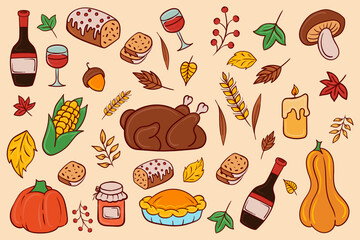 Thanksgiving feast elements outline. Turkey, pie, corn, bread, festive symbols, autumn harvest, family gathering, celebration, holiday, cozy dinner.