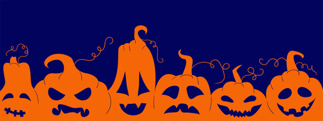 Halloween pumpkins outline icon. Spooky carved faces, autumn decoration, creepy celebration, jack-o-lanterns, horror, eerie, holiday fun.