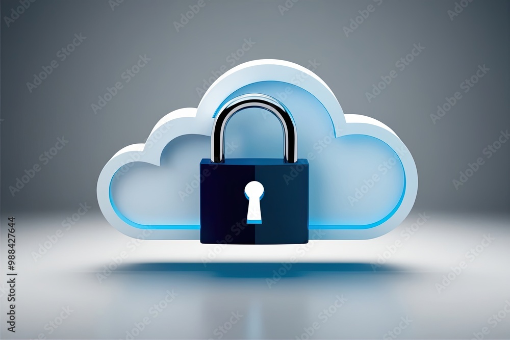 Poster innovative cloud privacy solutions with sleek visuals and lock emblem representing security in cloud