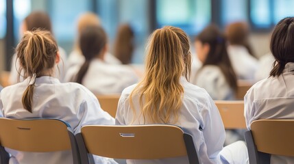 An image of a group of nursing students attending a lecture on advanced medical practices as part of their training program.