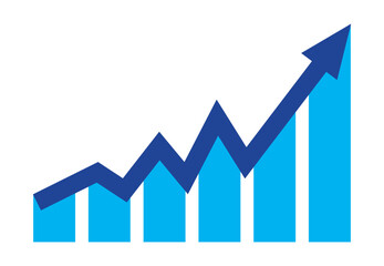 Upward stepping blue arrow. Growth Bar blue stairs step to growth success vector illustration on white. Progress way and forward achievement creative concept. Bar graph of blue bars.