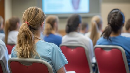 An image of a group of nursing students attending a lecture on advanced medical practices as part of their training program.