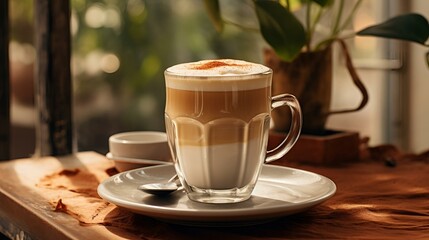 Fototapeta premium Aromatic Layered Cappuccino in Glass Cup on Rustic Wooden Table with Soft Natural Light.
