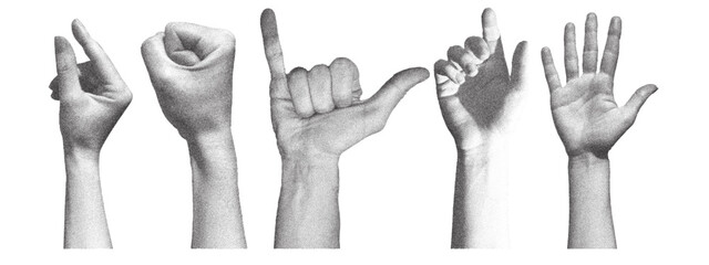 Trendy set of human hands gestures. Retro photocopy effect. Vector elements in pop art style.