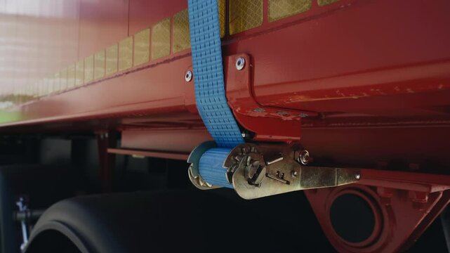 A robust device expertly tensioning the securing belt ensures the safety of cargo within a loaded semi-trailer, promoting reliability during transport.
