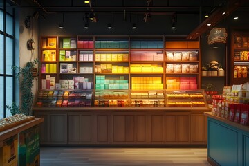 The brightly lit store is filled with colorful products on display.