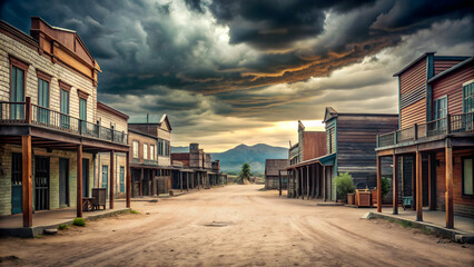 Fototapeta premium Gloomy day in an old West town, desolate, western, abandoned, weathered, vintage, deserted, rustic, melancholy, eerie, bleak