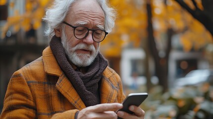 senior diabetic man checking his glucose dat on smartphone outdoors in park