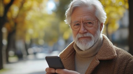 senior diabetic man checking his glucose dat on smartphone outdoors in park