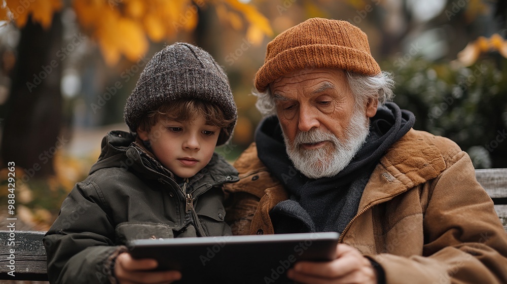 Canvas Prints senior father, his son sitting on bench in nature using tablet