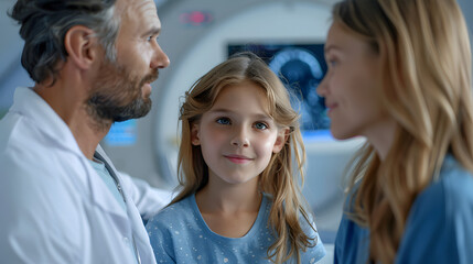 Obraz premium Doctor explaining results of MRI scan of brain to parents of young girl patient, delivering good news. Diagnosis of diseases and head injuries