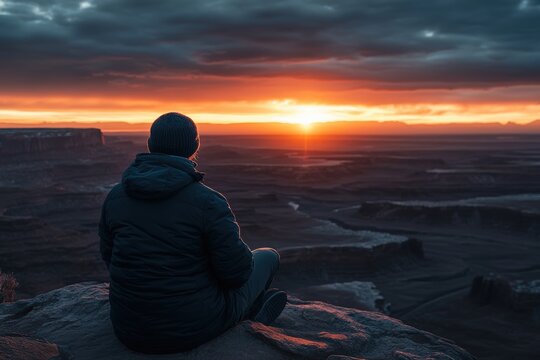 A person sitting alone on a cliff edge, overlooking a vast, empty desert at sunset, feeling the calmness and weight of solitude,