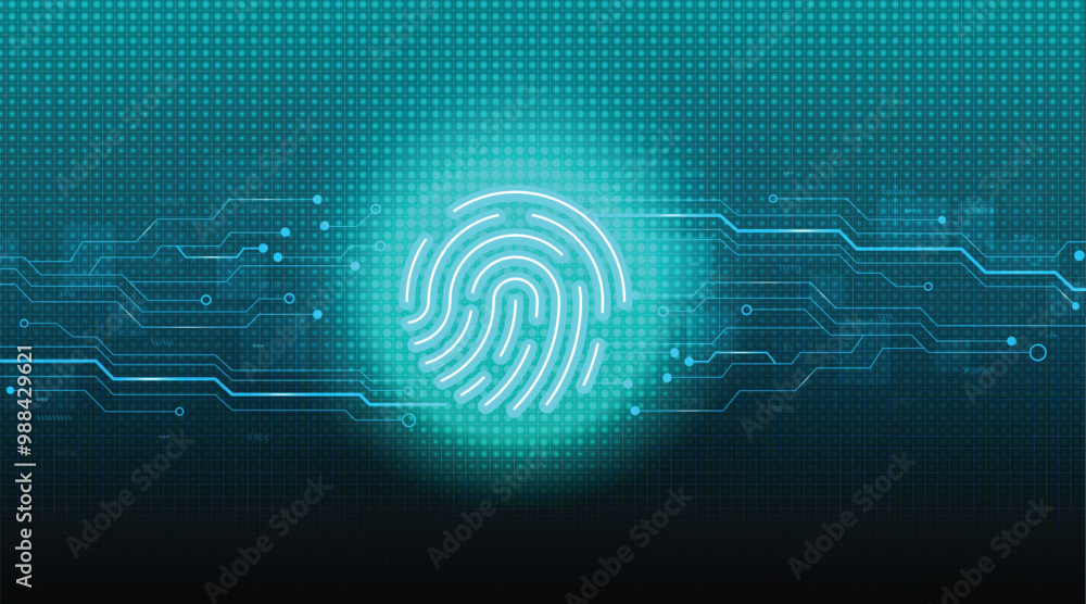 Poster fingerprint identity scanner icon with round button and security futuristic background.vector illust