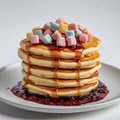 a stack of delicious golden pancakes on a plain white surface with rainbow color mini marshmallows and a drizzle of blueberry jam sauce, food photography, white background