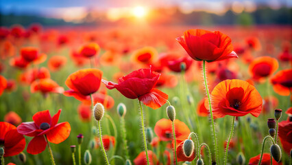 Vibrant red poppies blooming in a field, floral, flowers, nature, red, vibrant, blooming, field, garden, petals
