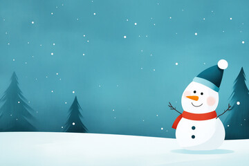 Fototapeta premium Whimsical snowman in winter landscape with falling snow and pine trees. Cute and cheerful holiday scene in a soft blue palette.