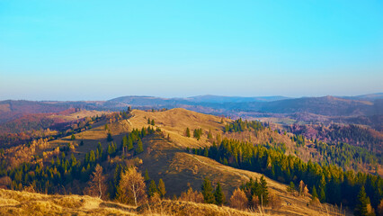Dirt road on a mountain pass in bright colorful autumn