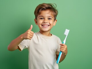Smiling young boy holding a toothbrush and giving a thumbs up, promoting dental hygiene, with a green background, emphasizing healthy teeth and positive oral care habits
