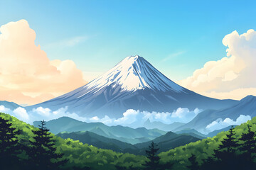 Fototapeta premium Mountain Landscape Illustration with Snowy Peak and Clouds