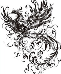Black and white line art illustration of a phoenix with intricate floral details.