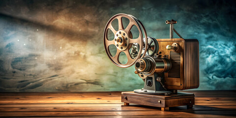 Obraz premium Vintage film projector on a retro wooden table, cinema, projection, classic, entertainment