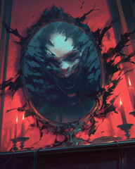 horrifying demonic face emerges from a cursed mirror, framed by dark tendrils of energy, casting a sinister glow across the room as candles flicker ominously