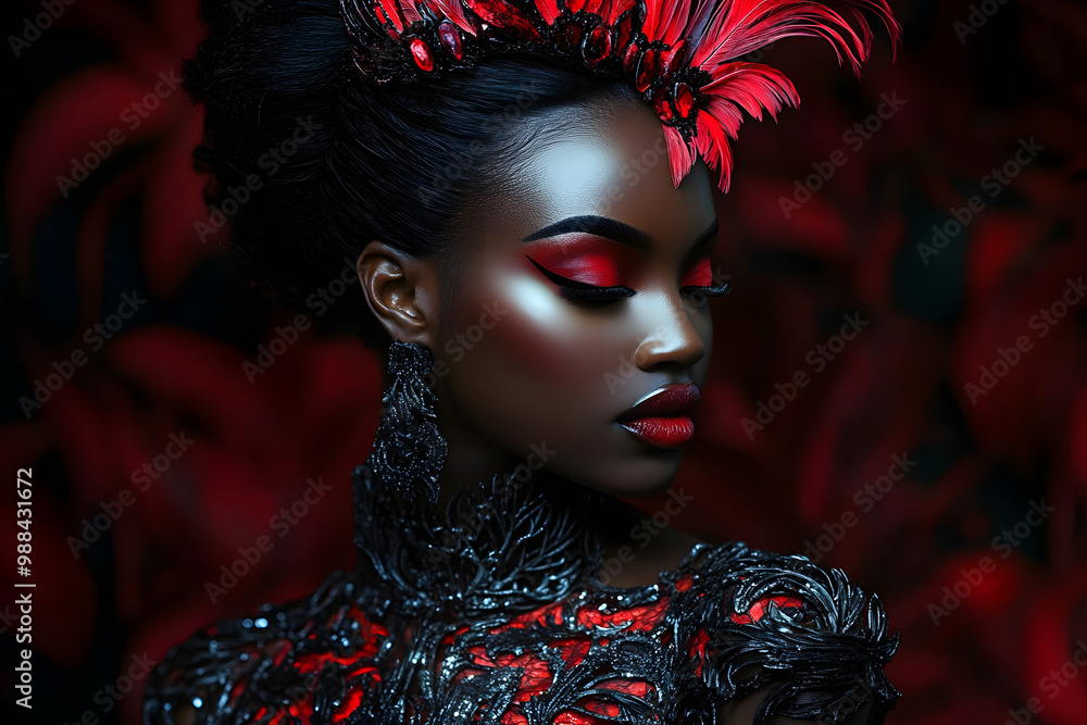 Sticker A dark-skinned woman wearing a stunning outfit made of carved elements poses against a dark background, showcasing striking red makeup in a hyper-realistic fashion shoot