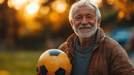 senior man holding football in hands older vital man has active lifestyle doing sport every day