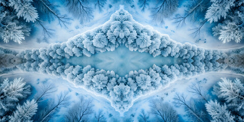 Abstract symmetrical aerial photograph of frozen landscapes with ghostly mother figure , ghost, mother, abstract