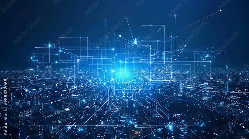 Poster futuristic cityscape with a network of connections and lines connecting the buildings. the image is 
