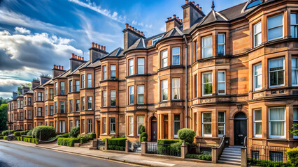Fototapeta premium Victorian terraced houses in the West End of Glasgow, Scotland, Victorian, architecture, terraced houses, West End