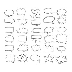 Obraz premium Speaking hand drawn doodle bubbles set. Talk clouds sketch frames. Speech thought Balloon shapes.