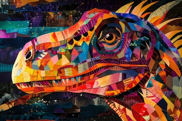 Colorful dinosaur portrait created using paper collage technique