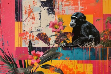 Curious young chimpanzee colorful abstract collage