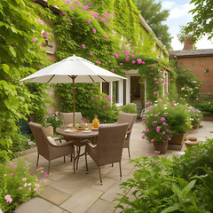 Lush greens and vibrant flowers.