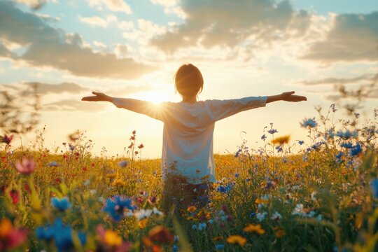 A person standing in a field of wildflowers with their arms open wide, embracing the warm sunlight and gentle breeze