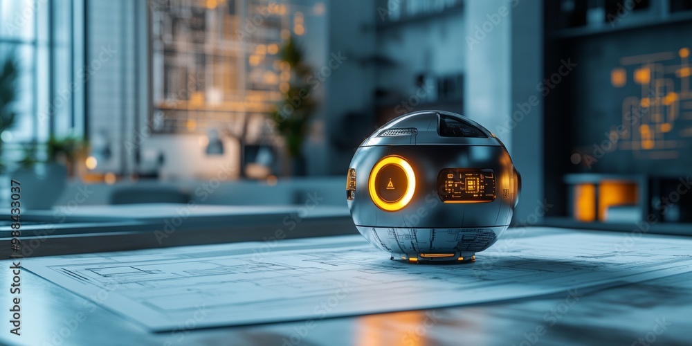 Poster compact robotic device on a desk, surrounded by softly blurred tech blueprints, showcasing innovatio