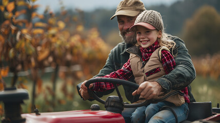 Farmer father riding tractor with his daughter. Girl growing up on family farm. Concept of multigenerational farming