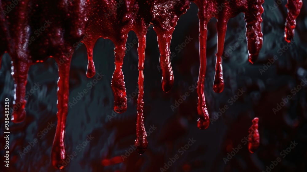 Poster Close-up view of a dripping red substance on a surface, ideal for use in crime scene or medical context